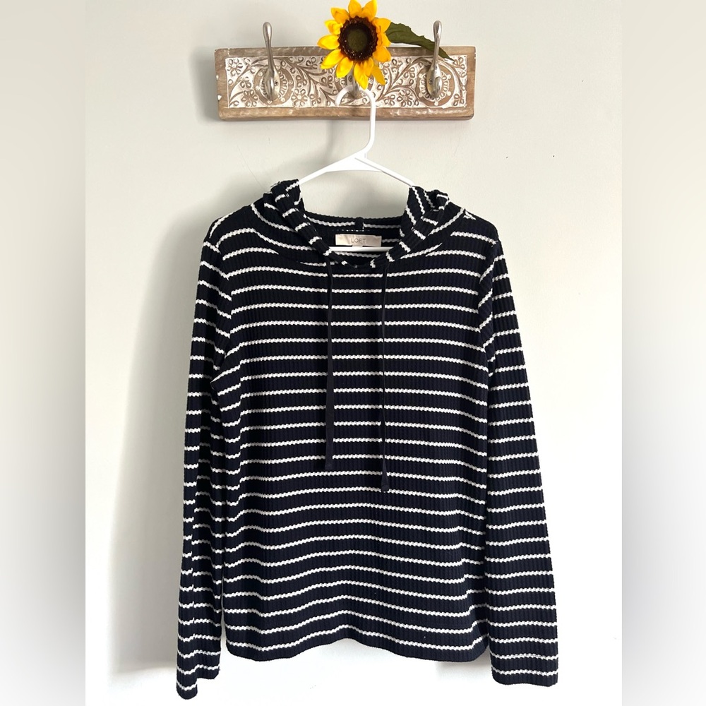 LOFT Striped Sweater Hoodie Navy Ivory Ribbed Knit Pullover - Size Medium - Picture 2 of 5